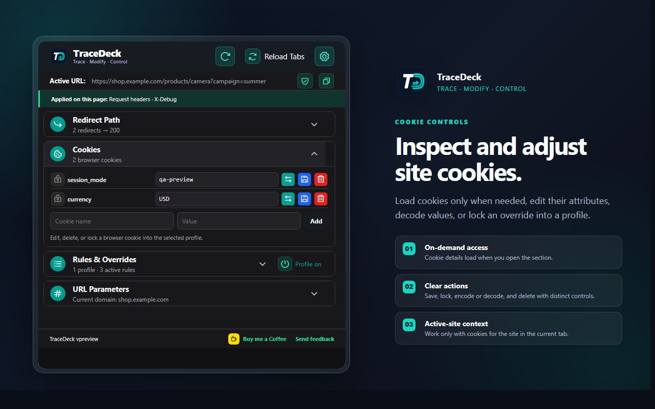 TraceDeck cookie controls showing cookie values and attributes for an approved site
