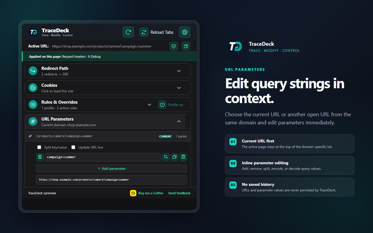 TraceDeck URL parameter editor showing editable query parameters