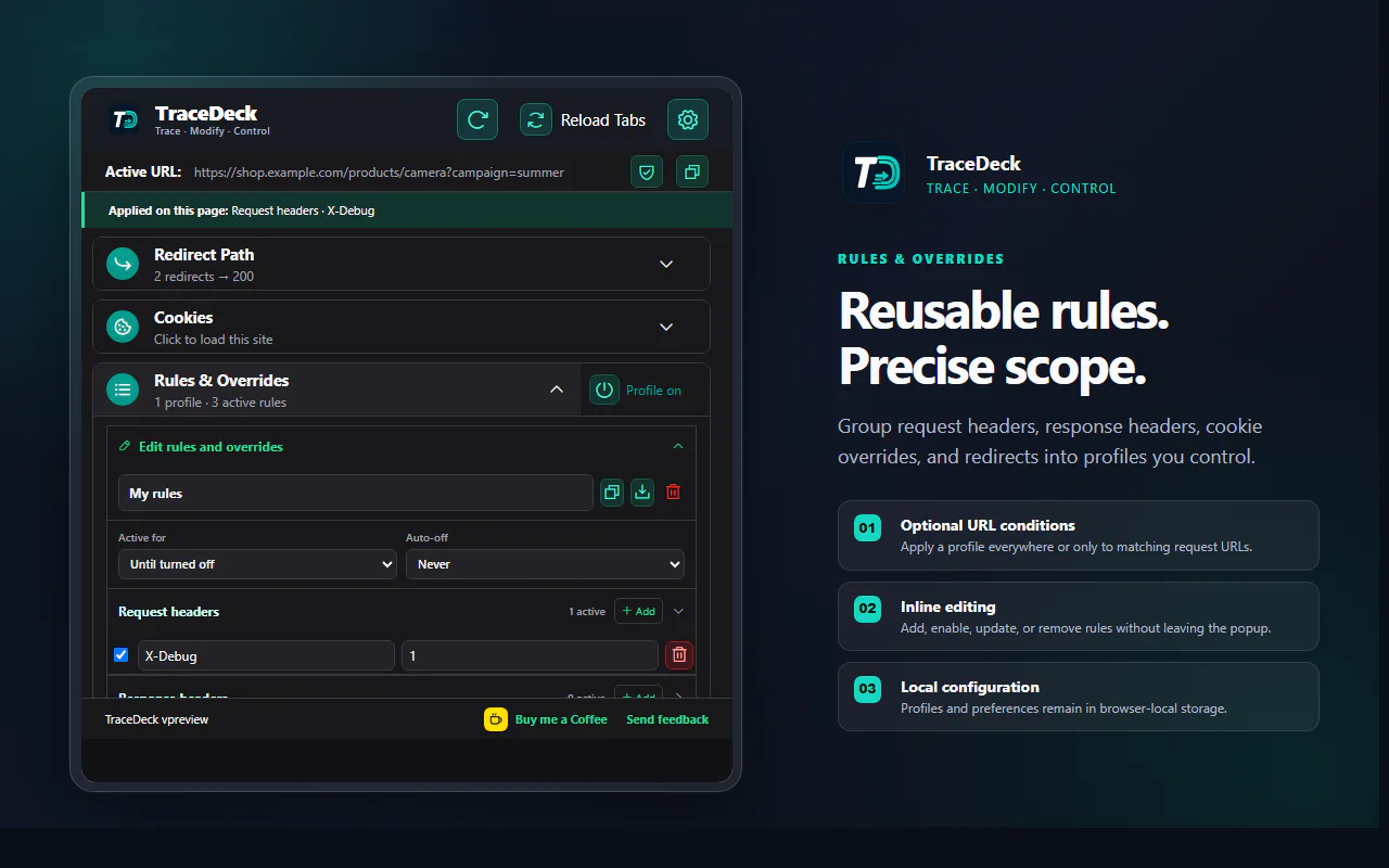 TraceDeck rules and overrides editor showing a reusable request profile