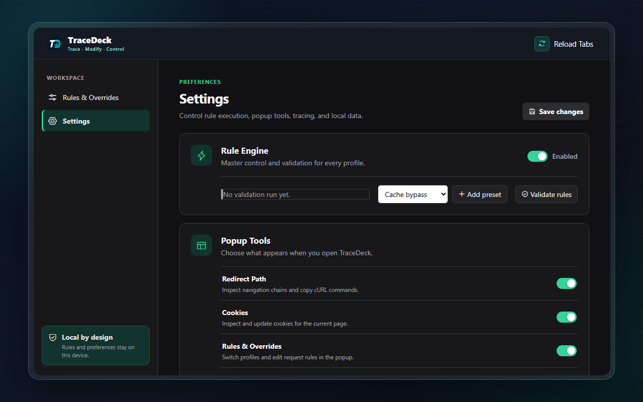 TraceDeck settings showing site access, popup controls, and local backup options